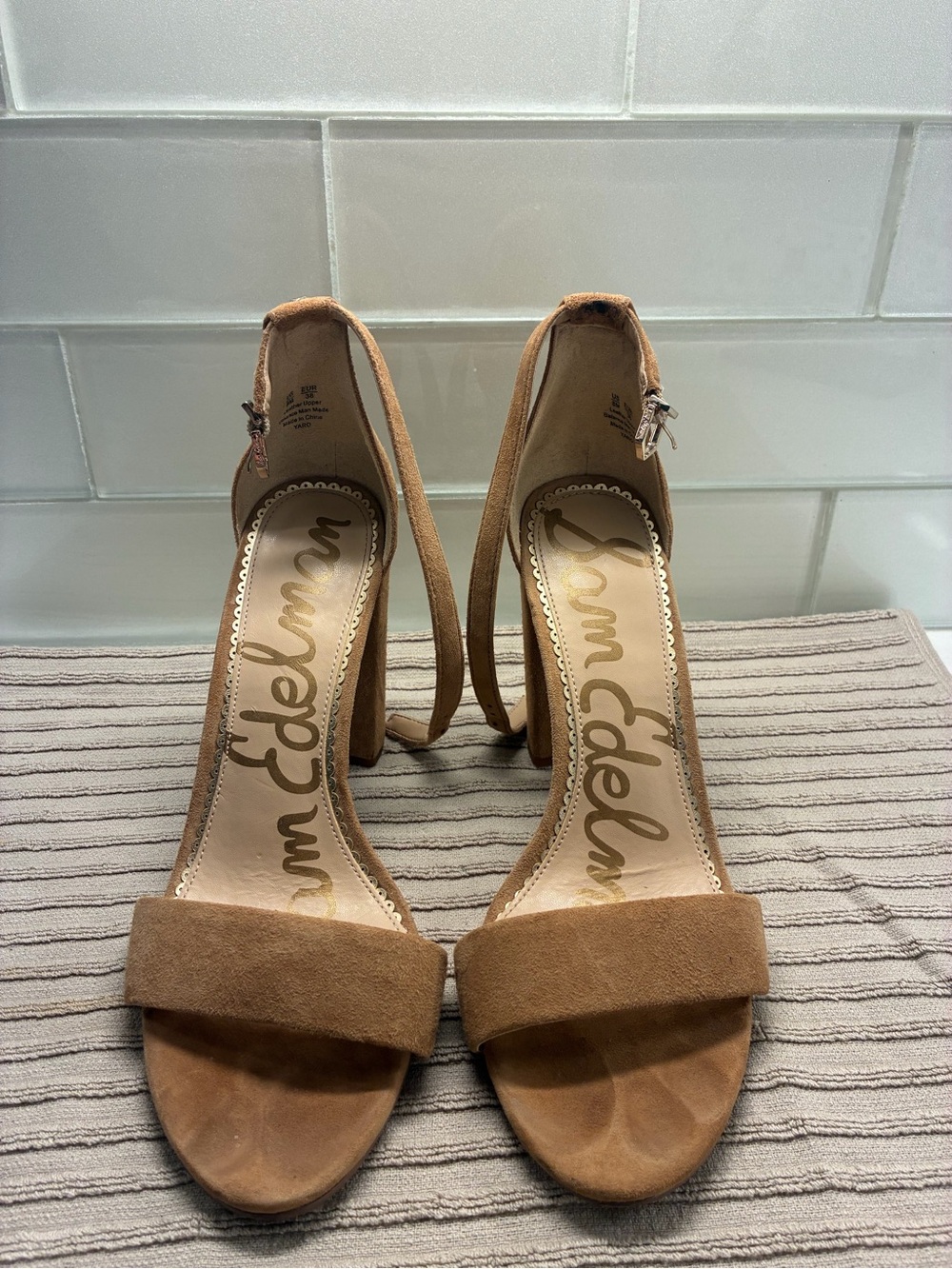 Sam Edelman Tan Suede Ankle-Strap Block Heels